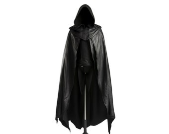 The Veiled Hunter - Handmade Pure Black Leather Hooded Cloak for Cosplay - Medieval Archery Cloak for Men - Hooded Leather Cloak