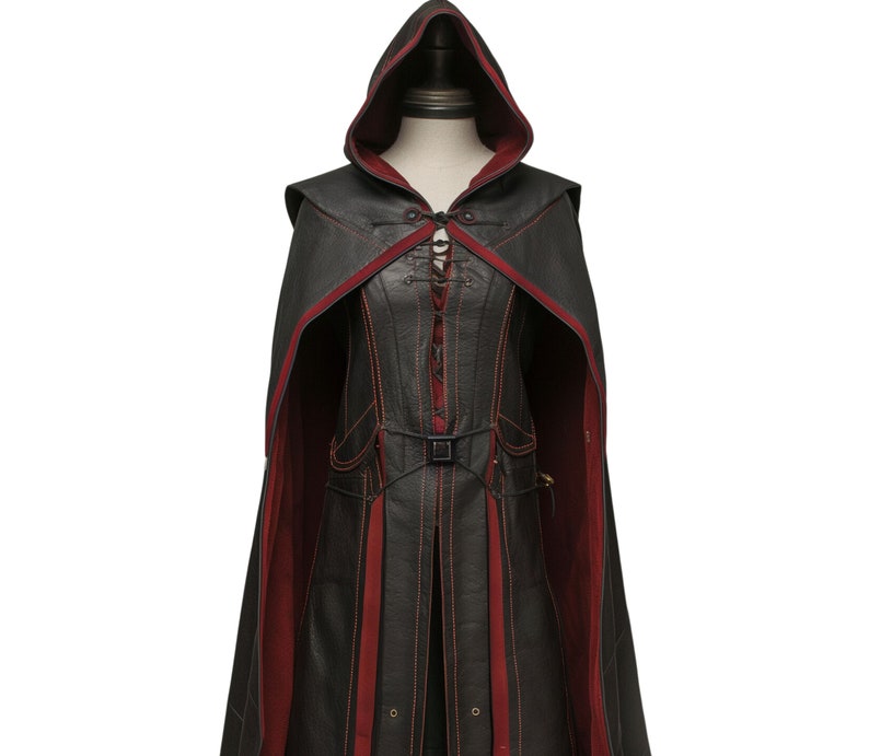 Handmade Red & Black Leather Medieval Hooded Cloak Leather Cloak With Suit For Cosplay Hooded Cloak Leather Gift For Men image 4