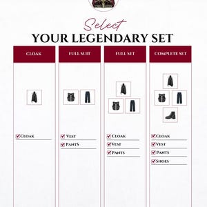 May include: An advertisement for a legendary set of clothing. The image features four set options: Cloak, Full Suit, Full Set, and Complete Set. Each set includes a cloak, vest, pants, and shoes. The text "Select Your Legendary Set" is displayed.