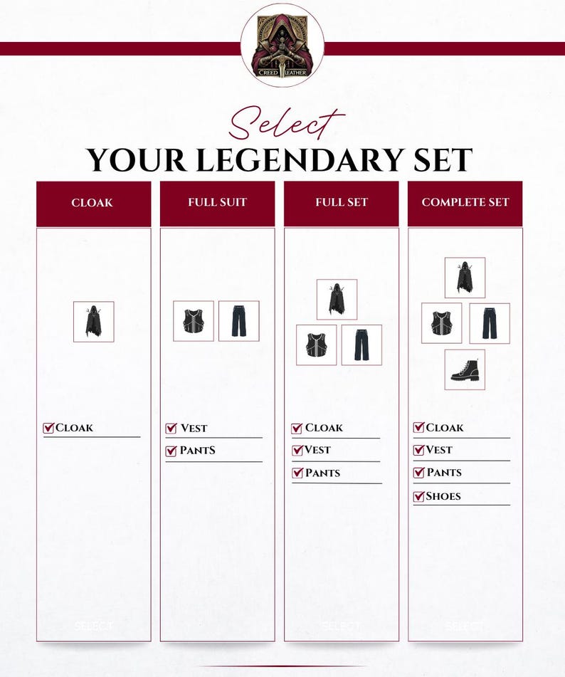 May include: An advertisement for a legendary set of clothing. The image features four set options: Cloak, Full Suit, Full Set, and Complete Set. Each set includes a cloak, vest, pants, and shoes. The text "Select Your Legendary Set" is displayed.