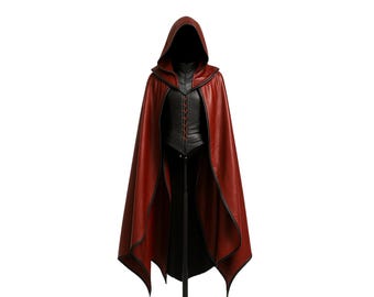 May include: A red hooded cloak with a black leather bodice and a matching black skirt. The cloak is made of a shiny material and has a pointed hood. The bodice has a corset-style design with red lacing. The outfit is displayed on a black mannequin.