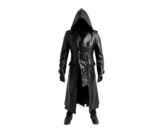 Handmade Black Leather Creed Hooded Coat For Cosplay - Pure Cowhide Leather Steampunk Long Coat - Leather Winter Medieval Cosplay OverCoat