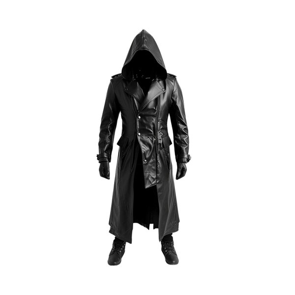 Manteau à capuche Creed en cuir noir fait main pour cosplay - Manteau long steampunk en cuir de vachette pur - Pardessus cosplay médiéval d'hiver en cuir