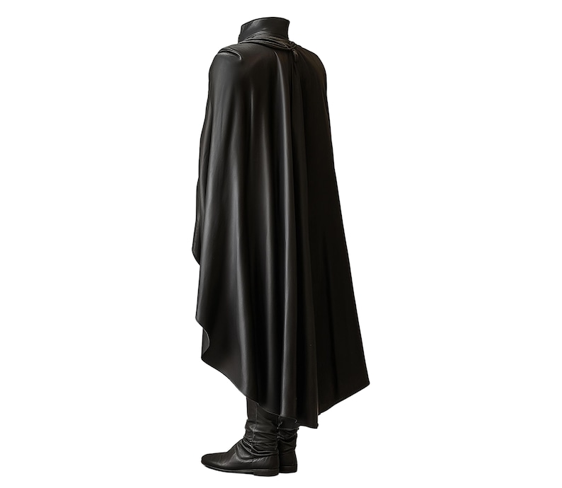May include: A black cape and matching boots. The cape has a high collar and drapes down to the ankles. The boots are also black and appear to be made of leather. The outfit is designed for costume or cosplay.