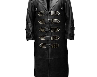 Assassin's Inspired Leather Long Coat – Handcrafted Gothic Trench with Studded Accents