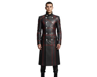 Crimson Sentinel Black Leather Trench Coat – Men’s Gothic Cyberpunk Long Coat for Cosplay