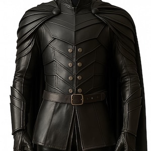 May include: Black leather jacket with a high collar, cape-like shoulders, and a double-breasted front with brass buttons. The jacket features a belt and intricate paneling details, giving it a unique, stylized appearance. The sleeves have armored detailing.