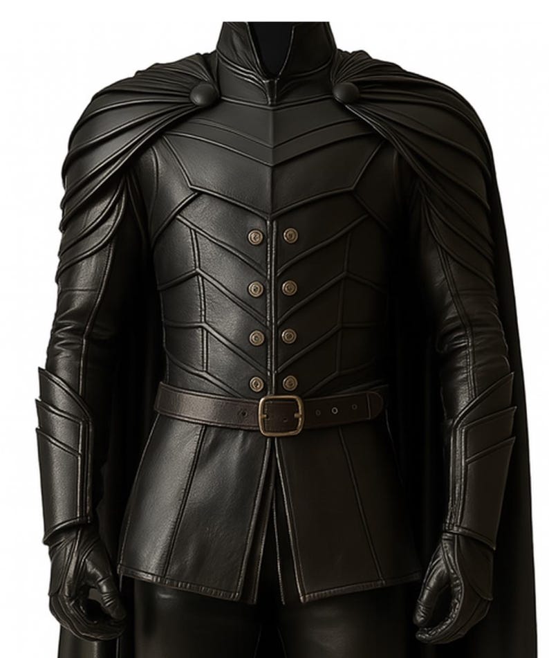 May include: Black leather jacket with a high collar, cape-like shoulders, and a double-breasted front with brass buttons. The jacket features a belt and intricate paneling details, giving it a unique, stylized appearance. The sleeves have armored detailing.
