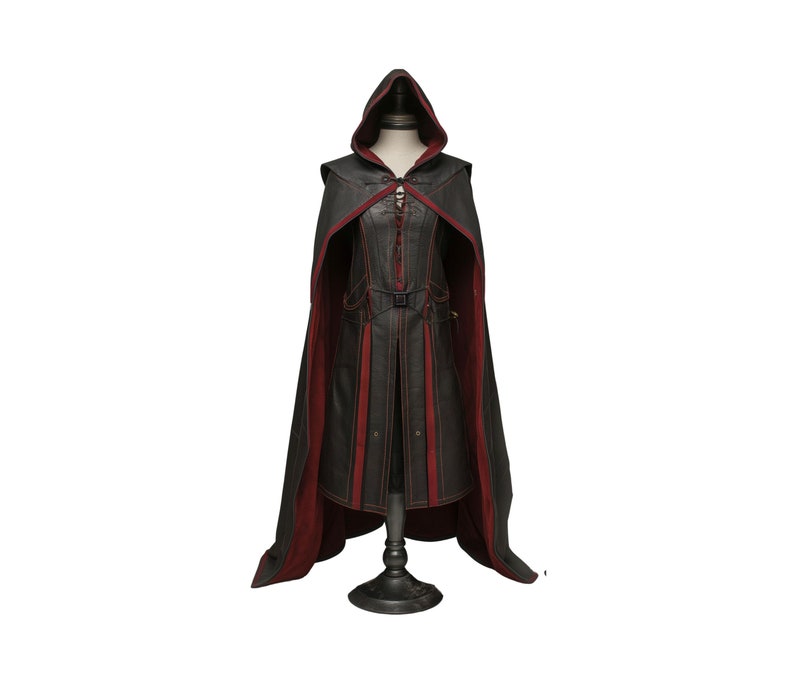 Handmade Red & Black Leather Medieval Hooded Cloak Leather Cloak With Suit For Cosplay Hooded Cloak Leather Gift For Men image 1