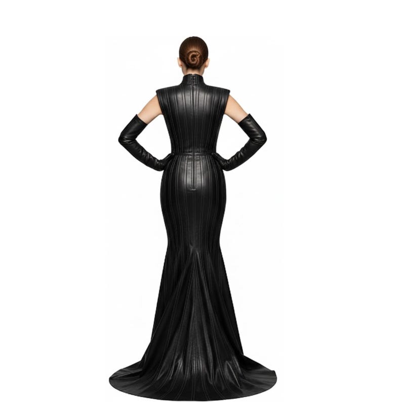 Puede incluir: Un vestido negro largo hasta el suelo, con cuello alto y mangas largas. El vestido presenta paneles verticales y una falda acampanada. La modelo lleva guantes largos negros y tiene las manos en las caderas. El vestido es de un material brillante.