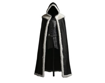 Leather Hooded Cloak with White Fur: Medieval Cosplay Costume