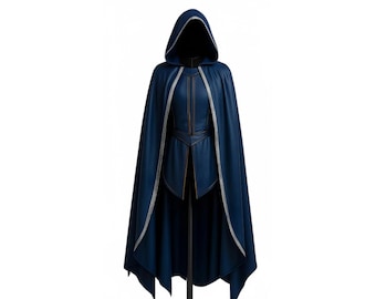 Handmade Blue Leather Hooded Cloak & Vest: Medieval LARP Costume