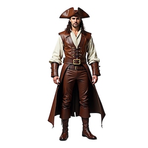 May include: A brown leather pirate costume with a brown vest, brown pants, and a brown cape. The costume includes a brown hat with a gold trim and a gold belt.