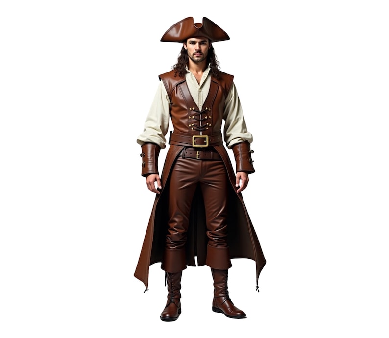 May include: A brown leather pirate costume with a brown vest, brown pants, and a brown cape. The costume includes a brown hat with a gold trim and a gold belt.
