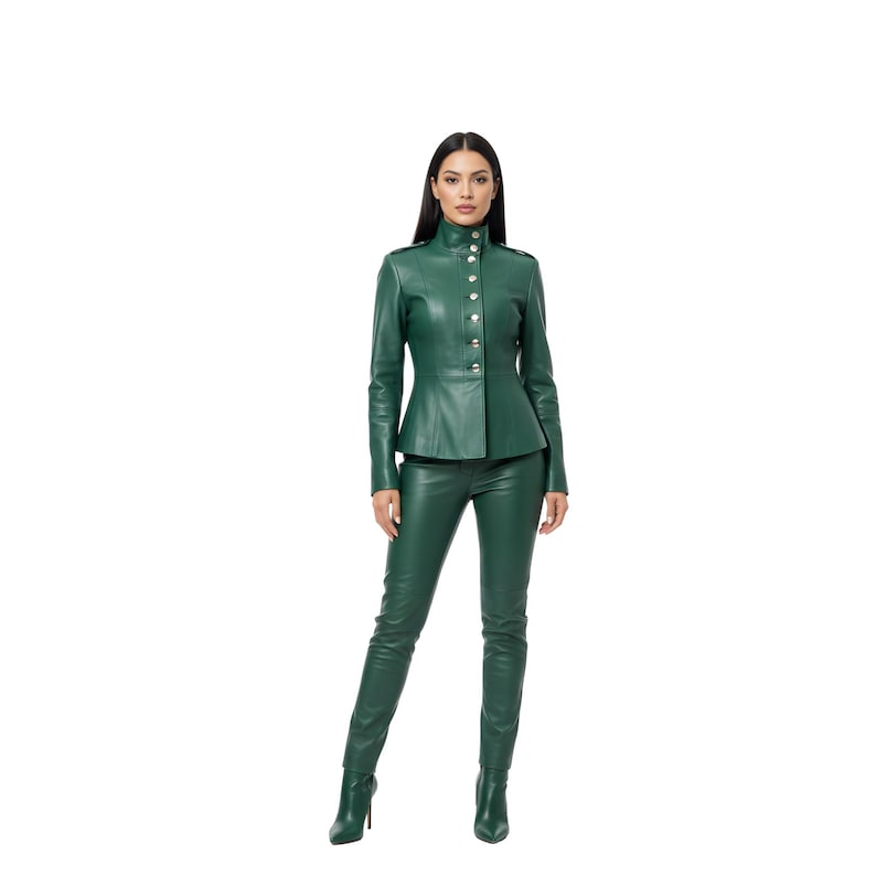 May include: A green leather jacket and matching pants set. The jacket has a high collar and gold buttons. The pants are form-fitting. The outfit is a solid, vibrant green color. The model is standing in front of a white background.