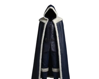 Viking Winter Fur Cloak Costume: Blue Hooded Medieval LARP Cosplay