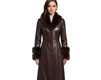Abrigo largo de piel marrón hecho a mano con cuello de piel. Abrigo de invierno para mujer. Elegante abrigo largo de piel. Regalo ideal.