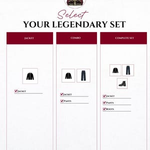 May include: A product selection guide with the text "Select Your Legendary Set." The guide offers options for a jacket, a combo (jacket and pants), and a complete set (jacket, pants, and boots). The Creed Leather logo is at the top.