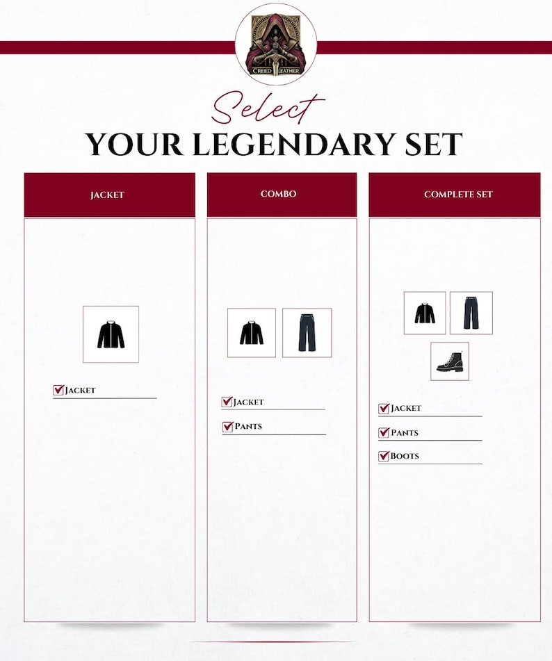 May include: A product selection guide with the text "Select Your Legendary Set." The guide offers options for a jacket, a combo (jacket and pants), and a complete set (jacket, pants, and boots). The Creed Leather logo is at the top.