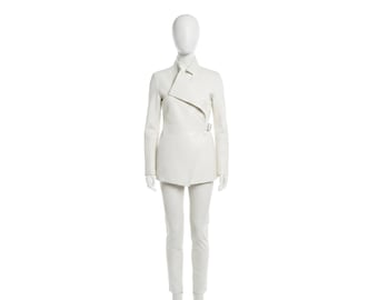 Handmade Women Leather Jacket Suit – Asymmetrical Custom Jacket with Leather Pants - Elegant Dress Inspired Outfit
