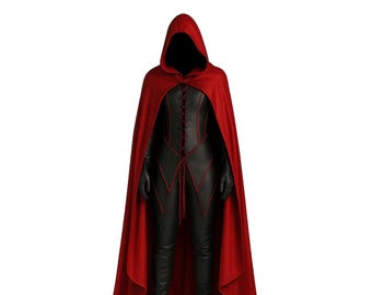 May include: A hooded red cape with a matching black outfit. The outfit includes a bodice with red trim and lacing, black gloves, and black pants. The cape is long and flowing, creating a dramatic silhouette.