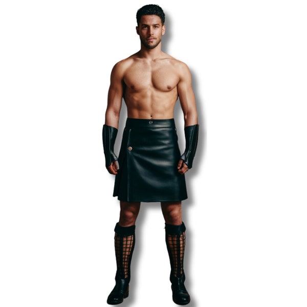 Handmade Pure Black Leather Gladiator Kilt - Leather Gay Pride Kilt Costume - Cowhide Leather Medieval Men Pride Kilt - Leather Cosplay Gift