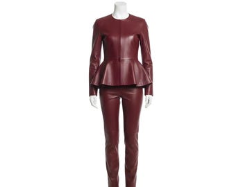 Women Leather Peplum Jacket Set – Sculptural Leather Top Women with Womens Pants - Elegant Dress Style Leather Costume