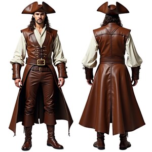 May include: A brown leather pirate costume with a long coat, vest, and pants. The costume includes a brown leather hat with gold trim.