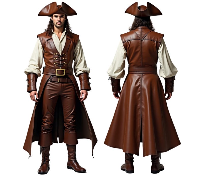 May include: A brown leather pirate costume with a long coat, vest, and pants. The costume includes a brown leather hat with gold trim.