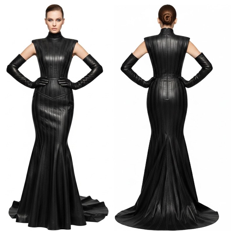 Puede incluir: Un vestido largo de cuero negro con cuello alto y silueta de sirena. El vestido presenta paneles verticales y se combina con guantes largos negros. La modelo posa con los brazos extendidos, mostrando el dise&ntilde;o del vestido.