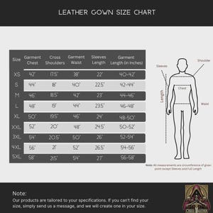 Puede incluir: Tabla de tallas para vestidos de cuero, con medidas en pulgadas para pecho, hombros, cintura, mangas y largo. Tallas de XS a 5XL. Un diagrama ilustra los puntos de medici&oacute;n. El texto indica que los productos se adaptan a sus especificaciones.