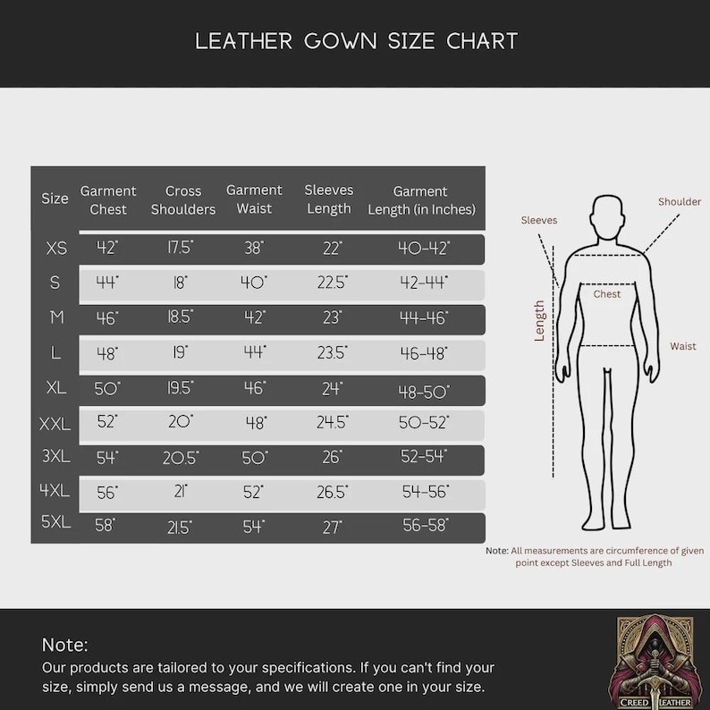 Puede incluir: Tabla de tallas para vestidos de cuero, con medidas en pulgadas para pecho, hombros, cintura, mangas y largo. Tallas de XS a 5XL. Un diagrama ilustra los puntos de medici&oacute;n. El texto indica que los productos se adaptan a sus especificaciones.