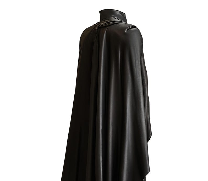 May include: A black cape with a high collar, draped over the shoulders. The cape is made of a smooth, flowing material, and the design suggests a gothic or theatrical theme. The cape is shown against a white background.