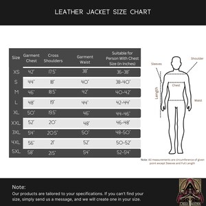 May include: A leather jacket size chart with measurements in inches. The chart includes sizes XS to 5XL, detailing chest, shoulder, and waist measurements. A diagram illustrates where to measure for chest, waist, and shoulder. The text at the top reads "LEATHER JACKET SIZE CHART."