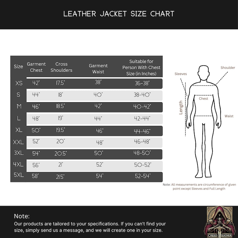 May include: A leather jacket size chart with measurements in inches. The chart includes sizes XS to 5XL, detailing chest, shoulder, and waist measurements. A diagram illustrates where to measure for chest, waist, and shoulder. The text at the top reads "LEATHER JACKET SIZE CHART."