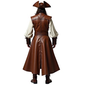 May include: A brown leather pirate costume with a white shirt, a brown leather vest, and a brown leather coat. The costume includes a brown leather belt with a buckle and a brown leather hat.