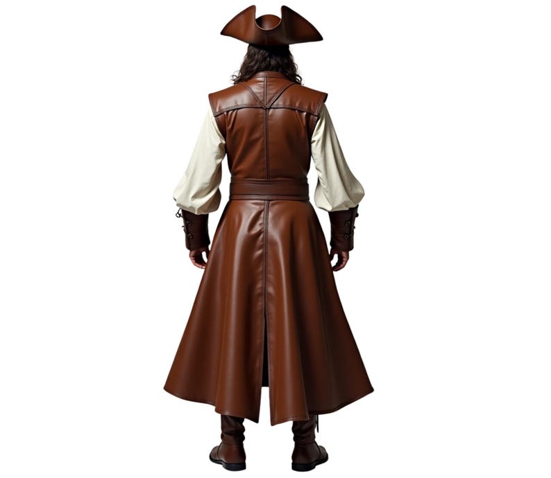 May include: A brown leather pirate costume with a white shirt, a brown leather vest, and a brown leather coat. The costume includes a brown leather belt with a buckle and a brown leather hat.