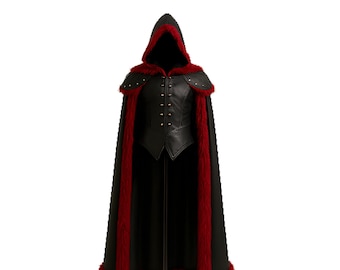 Handmade Hooded Leather Cloak with Red Fur – Gothic Vampire Costume