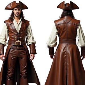 May include: A brown leather pirate costume with a long coat, vest, and pants. The costume includes a brown leather hat with a gold trim.