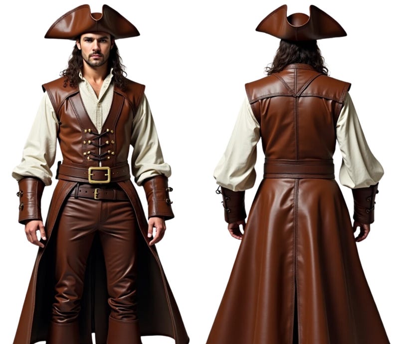 May include: A brown leather pirate costume with a long coat, vest, and pants. The costume includes a brown leather hat with a gold trim.