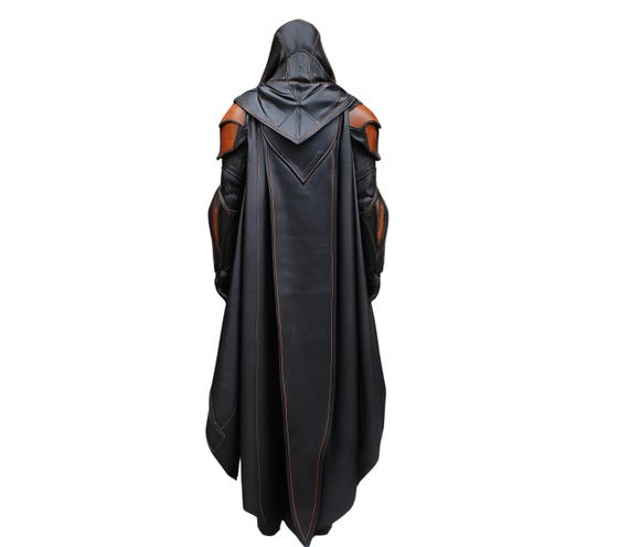The Ember Knight - Black & Orange Leather Medieval Cloak