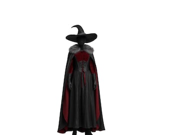 黒魔女マント、ウールファンタジーケープ、フード付きサイバーパンク
