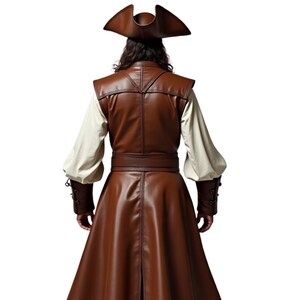 May include: A brown leather pirate costume with a long coat, vest, and matching hat. The costume features a belt with a buckle and decorative details on the sleeves.