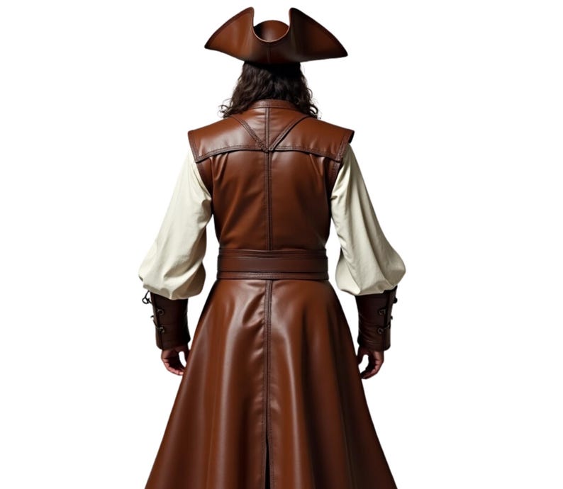 May include: A brown leather pirate costume with a long coat, vest, and matching hat. The costume features a belt with a buckle and decorative details on the sleeves.
