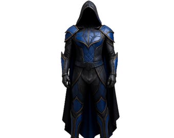 May include: A full-body shot of a costume with a hooded cowl. The outfit is primarily black with blue accents on the shoulders, chest, and legs. The costume has a quilted pattern on the chest and shoulders, with armor-like detailing and a flowing cape.