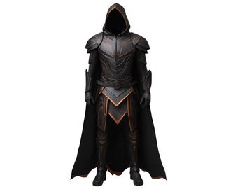 May include: A black hooded figure wearing a detailed, black and gold armor with a long black cape. The figure is standing on a white background.