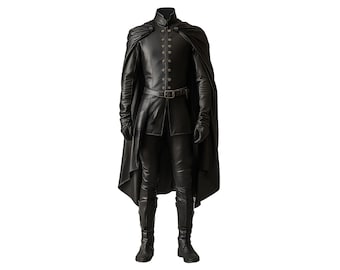 Duke Of Shadows - Handmade Pure Black Leather Medieval Cloak - Leather Renaissance Cloak With Vest For Festival - Ren Faire Fantasy Costume