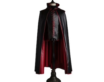 The Blood Emperor - Handmade Red & Black Leather Dracula Themed Cloak - Leather Cloak With Vest For Devil Costume - Vampire Costume Cloak