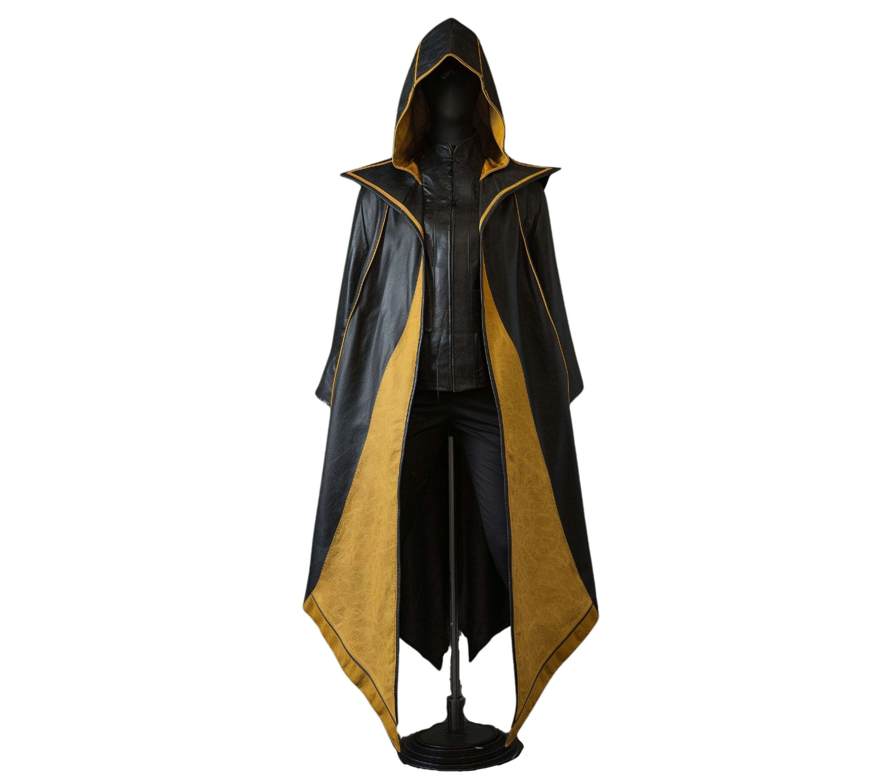 Handmade Leather Hooded Cloak: Yellow & Black Medieval
