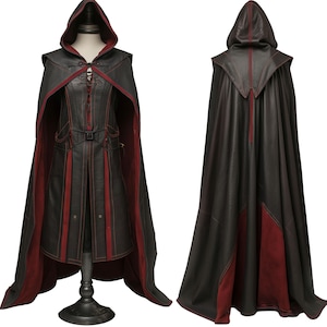 Handmade Red & Black Leather Medieval Hooded Cloak Leather Cloak With Suit For Cosplay Hooded Cloak Leather Gift For Men image 3